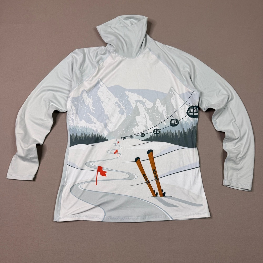 Kyodan Womens Large Blue Winter Mountain Ski Graphic Turtleneck Base Layer Top
